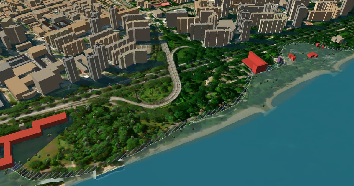 East Coast Park at street level on the map with the sea 1.15 m higher: shallow floodwater over the beach and park