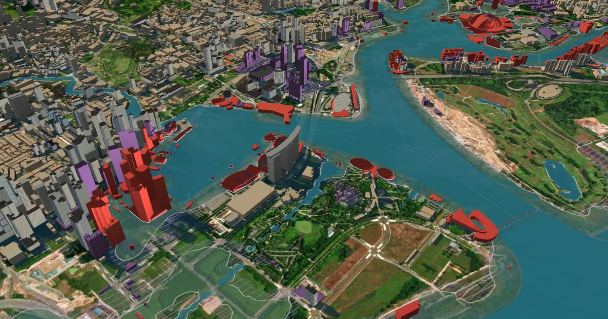 The same view with the sea 2 m higher, waterfront buildings in red and violet