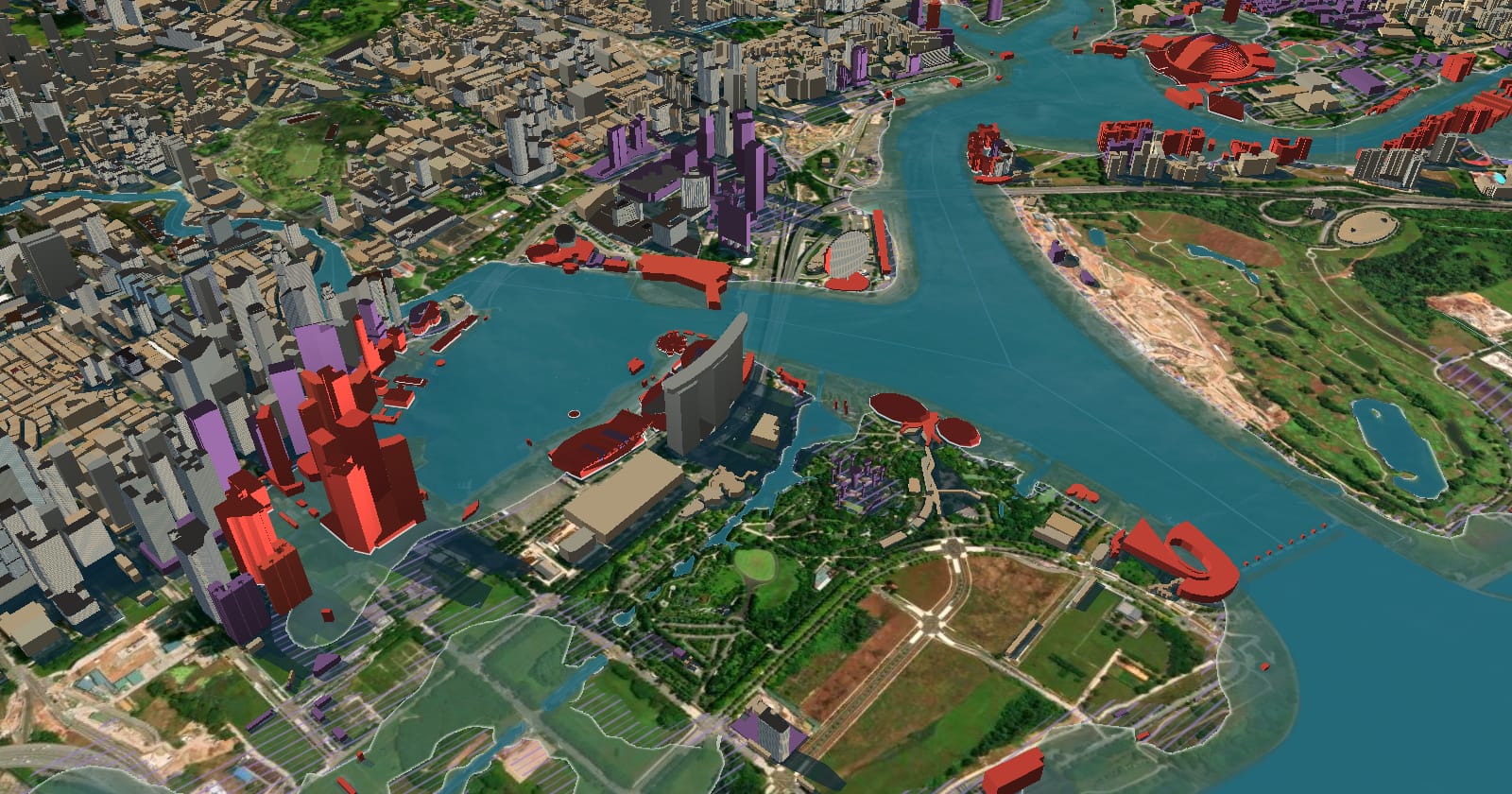 Marina Bay, Singapore, on the 3D map with the sea 2 m above today's level, flooded buildings in red